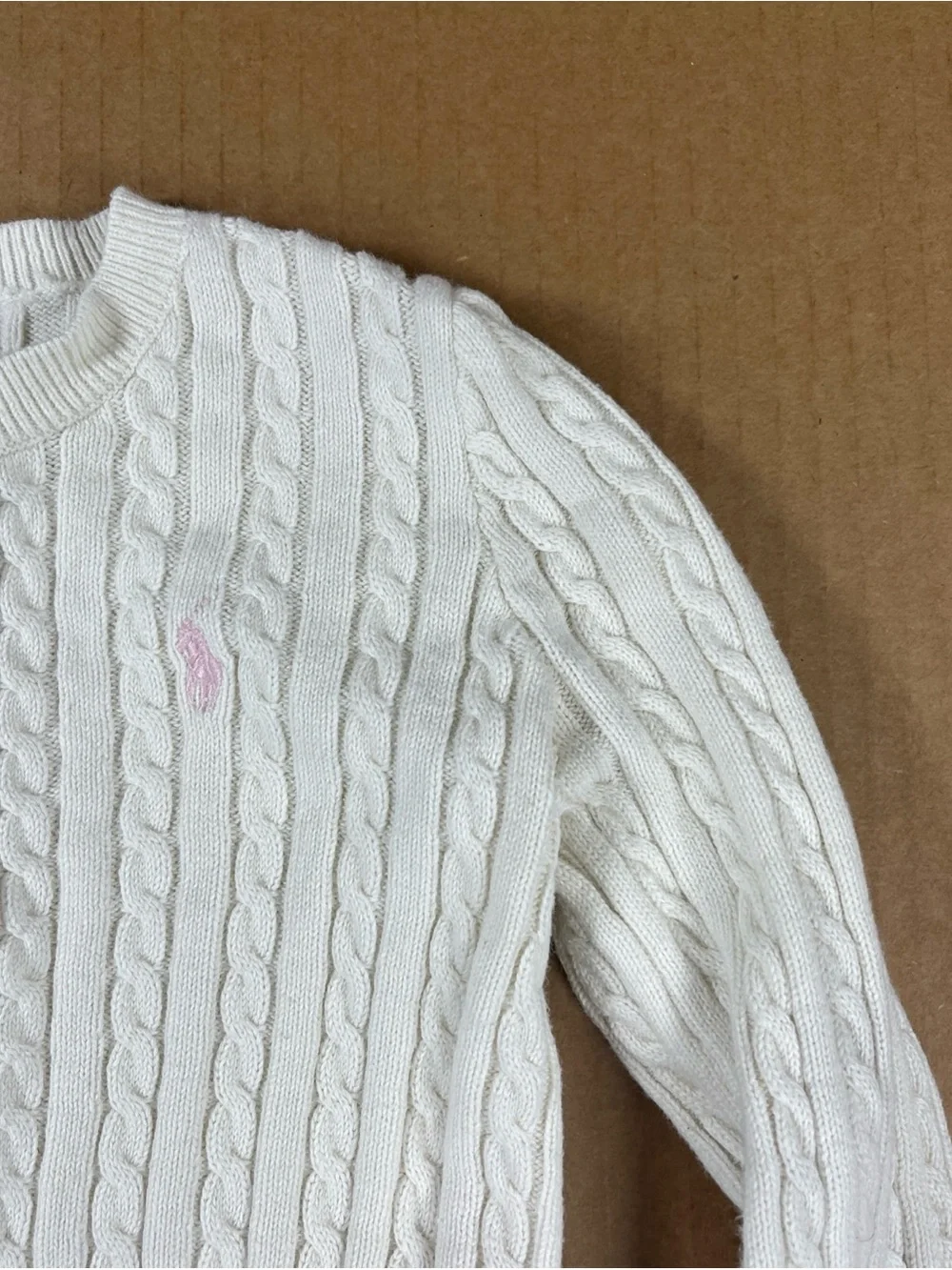 Polo Ralph Lauren Girls 4T White Cable Knit Cardigan Sweater Pink Pony Logo